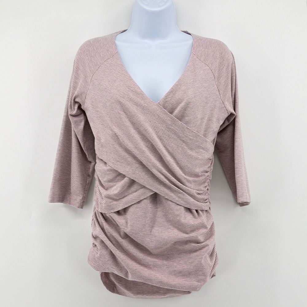 Sundance Vanessa Faux Wrap Top M Pink Striped Ruched Surplice 3/4 Sleeve